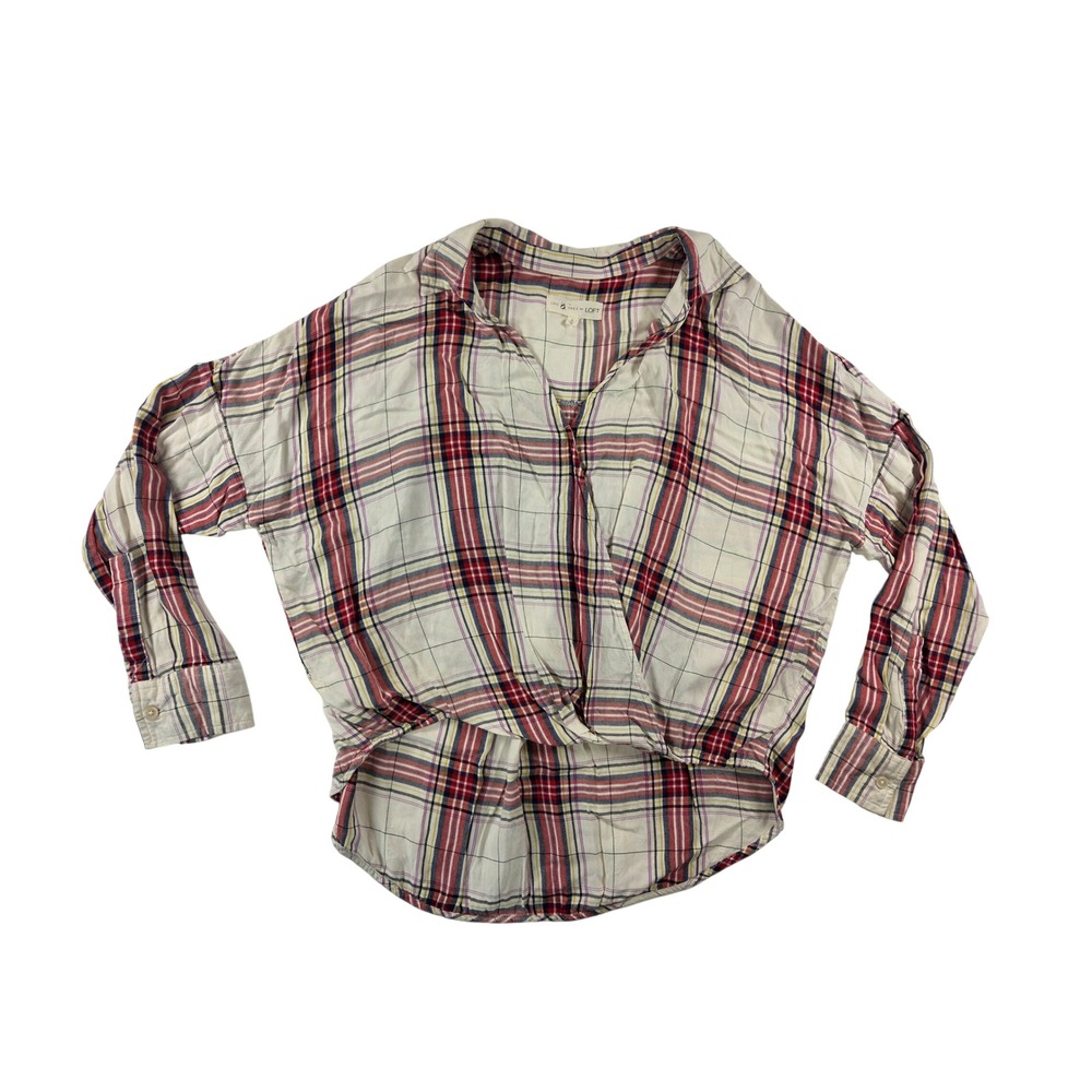 Loft‎ Women Cream Red Plaid Long Sleeve Collar Wrap Cross Body High Low Blouse S